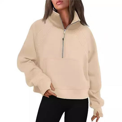 Oversized Half Zip Fleece Cropped Sweatshirt with Pocket