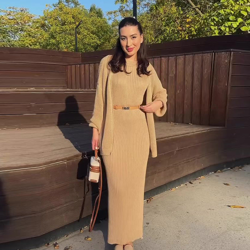 Women's Ribbed Knit Maxi Dress & Cardigan Belted Set