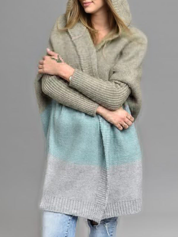 Women's Oversized Hooded Color Block Cardigan Open Front