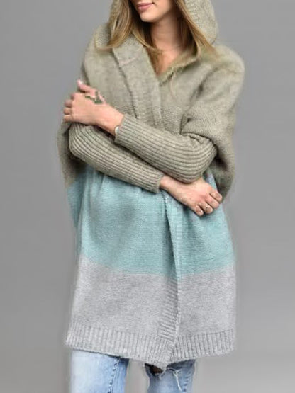 Women's Oversized Hooded Color Block Cardigan Open Front