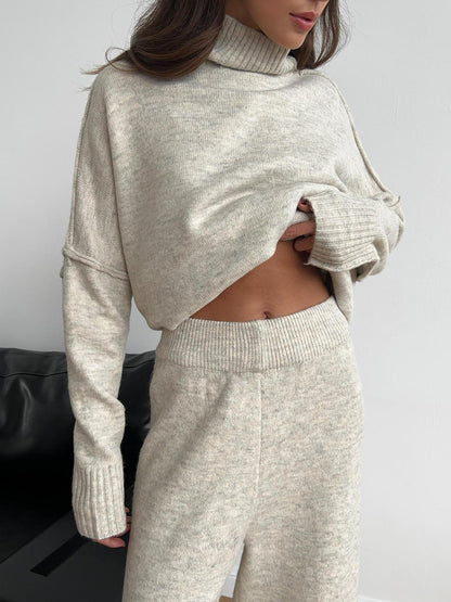 Knit Turtleneck Lounge Set with Wide Leg Pants