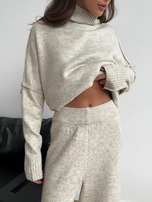 Turtleneck Side Slit Knit Sweater and Wide Leg Pants Set