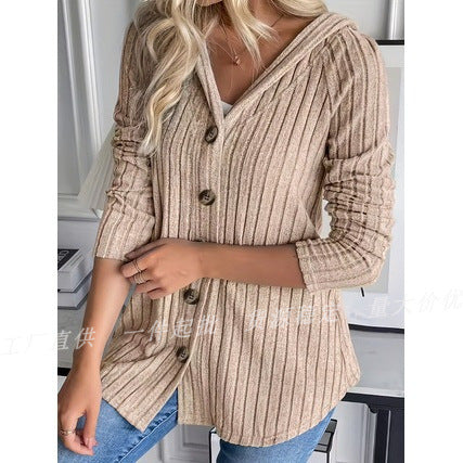 Women's Hooded Ribbed Button Front Cardigan