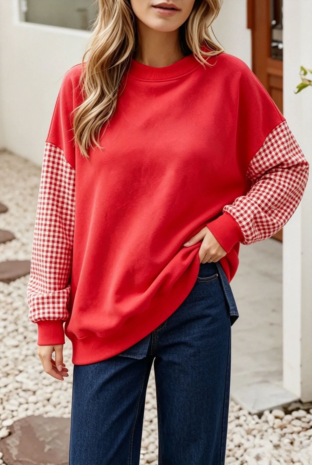 Gingham Sleeve Oversized Crewneck Sweatshirt
