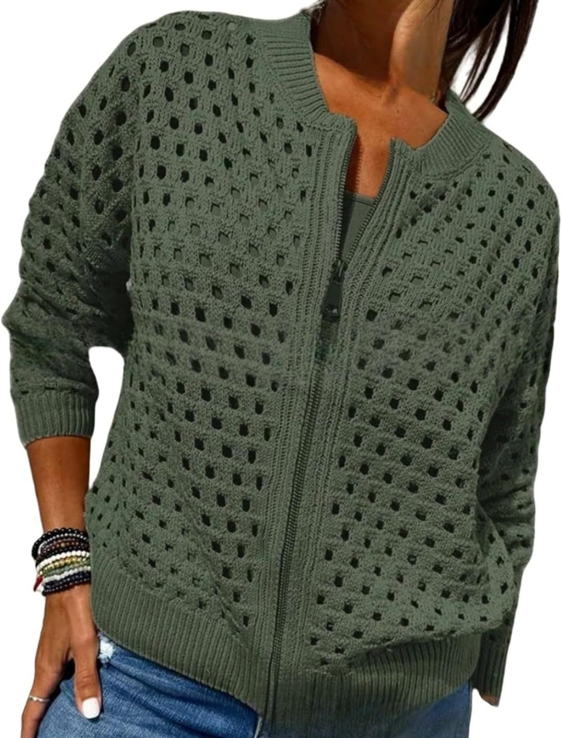 Women's Crochet Zip Up Cardigan Sweater