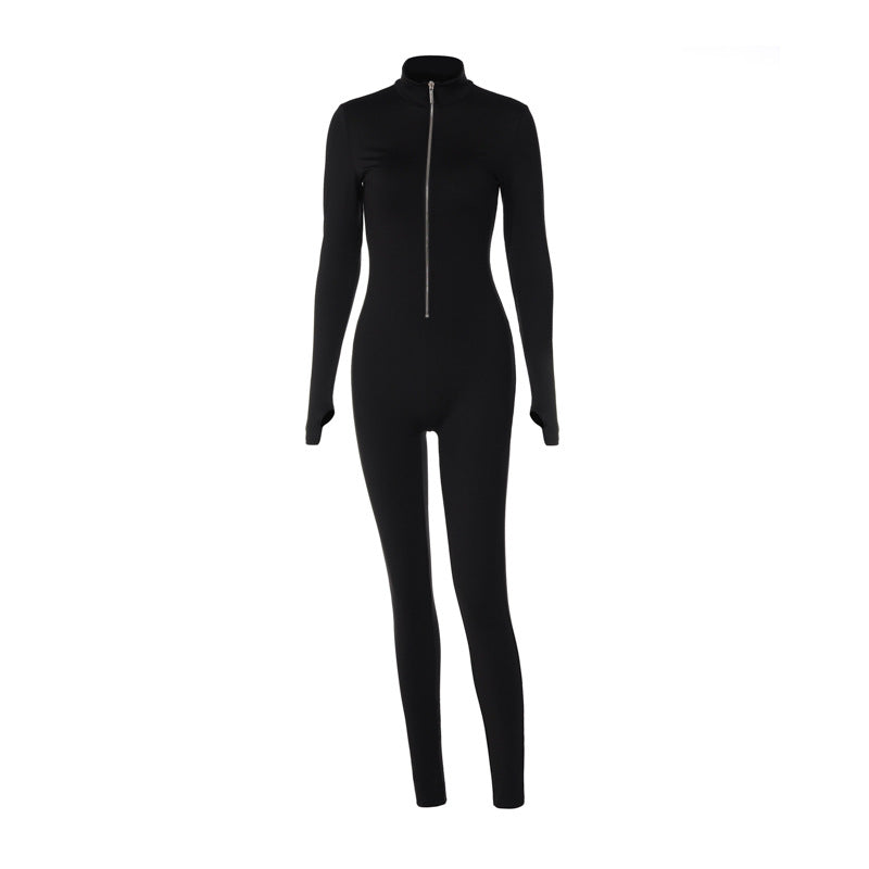 Zip Front Bodycon Jumpsuit Long Sleeve High Waist Yoga