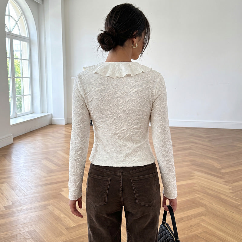 Ruffle Tie Front Textured Top V Neck Long Sleeve