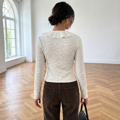 Ruffle Tie Front Textured Top V Neck Long Sleeve