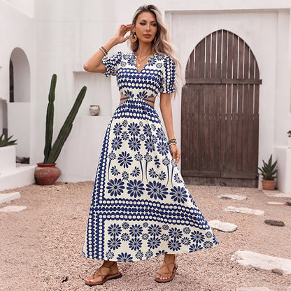 Blue Floral Cutout Maxi Dress V Neck Boho Resort Dress
