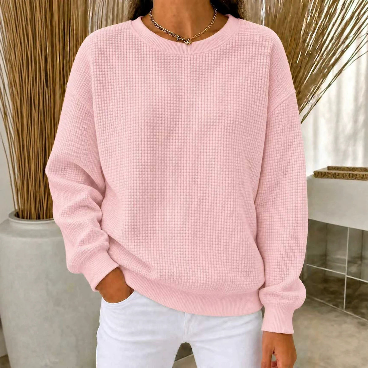 Women's Waffle Knit Oversized Crew Neck Long Sleeve Top