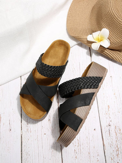 Black Braided Detail Criss Cross Platform Slippers