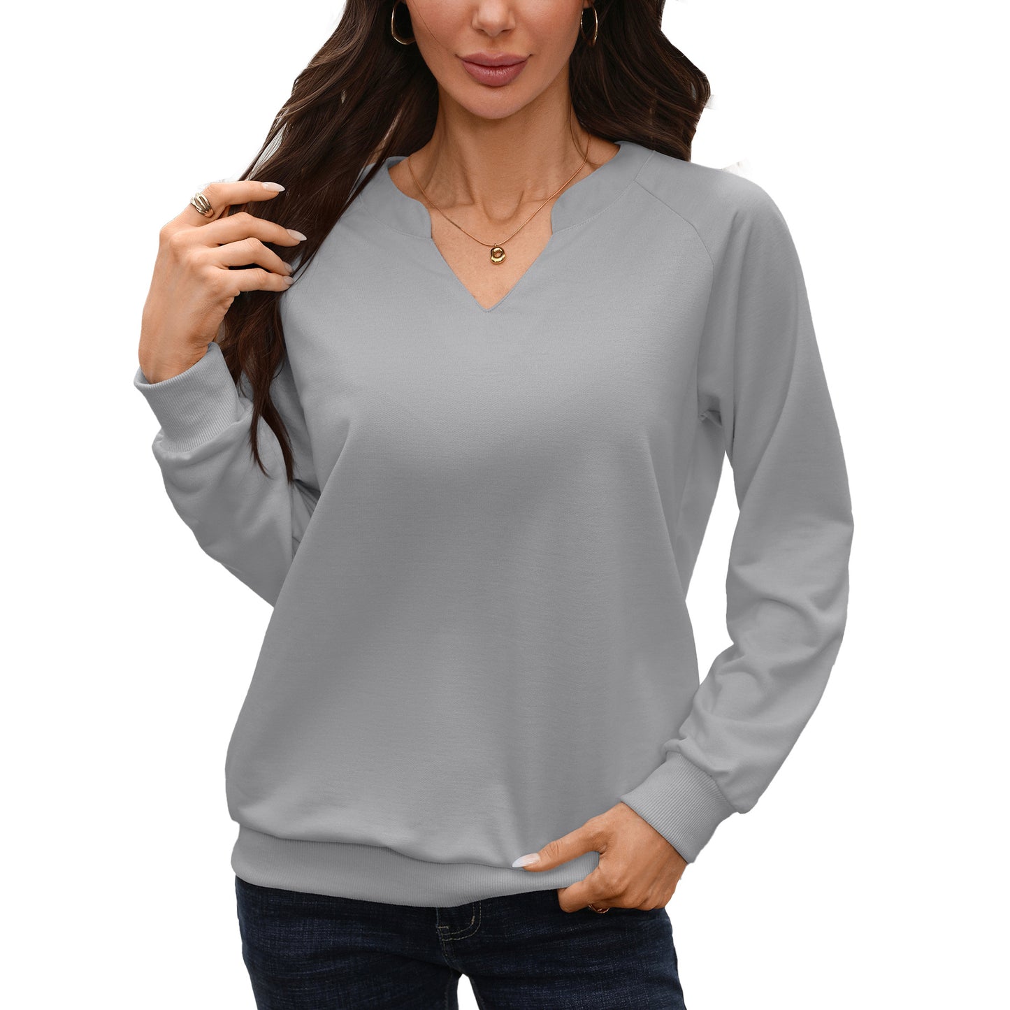 Solid V Neck Sweatshirt Oversized Ribbed Pullover