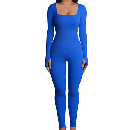 Womens Ribbed Square Neck Bodycon Long Sleeve Jumpsuit