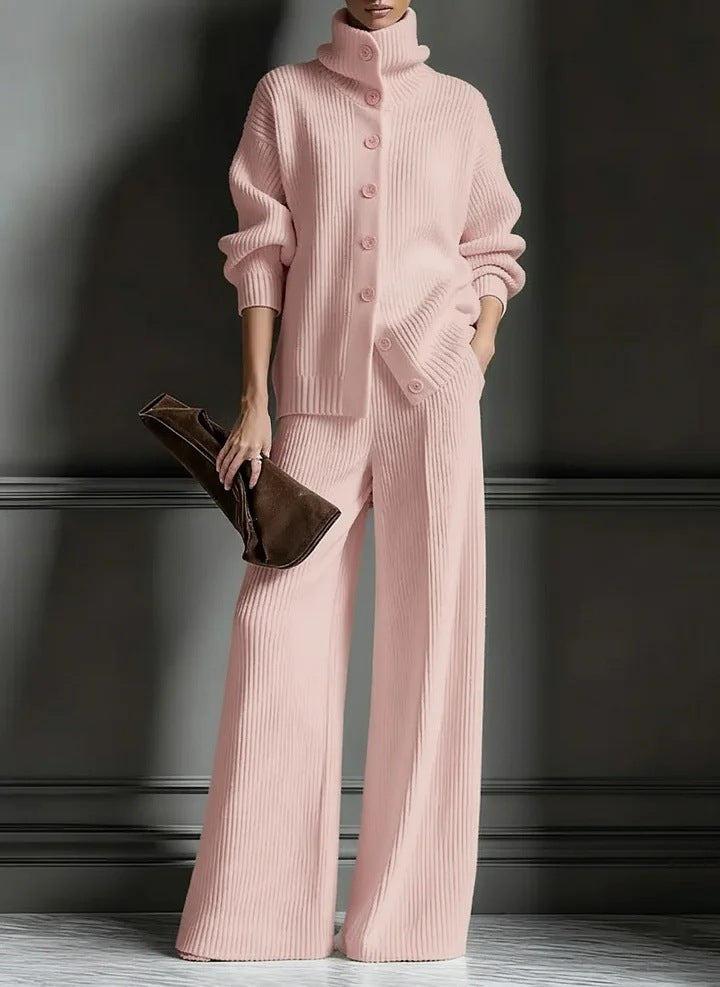 Women's Knit Turtleneck Cardigan Wide Leg Pants Set