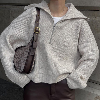 Women's Oversized Half Zip Collared Knit Sweater Pullover