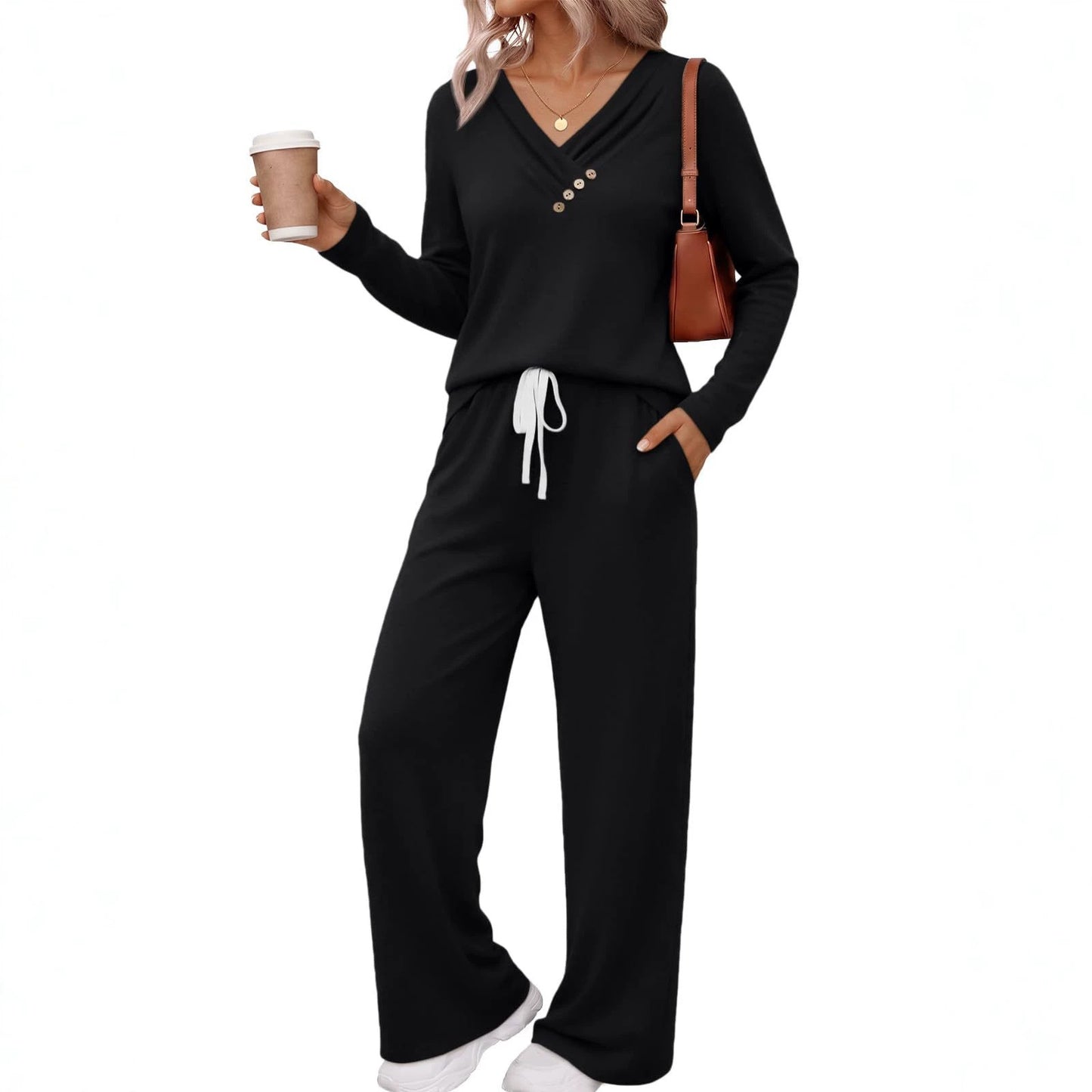 Casual V-Neck Button Top Wide Leg Pants Matching Set