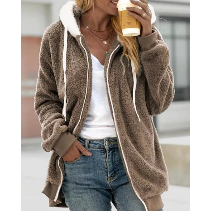 Plush Hooded Zip Jacket Oversized Fleece Outerwear