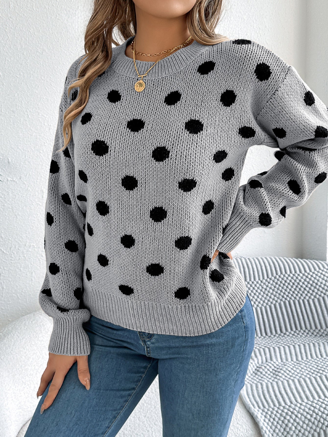 Polka Dot Knit Sweater Long Sleeve Casual Pullover