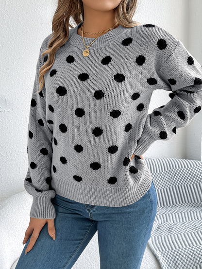 Polka Dot Knit Sweater Long Sleeve Casual Pullover
