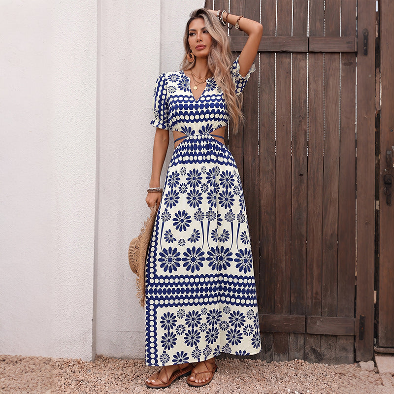 Blue Floral Cutout Maxi Dress V Neck Boho Resort Dress
