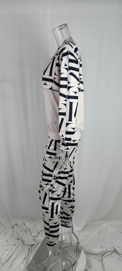 Women's Geometric Print Lounge Set Long Sleeve Top Pants