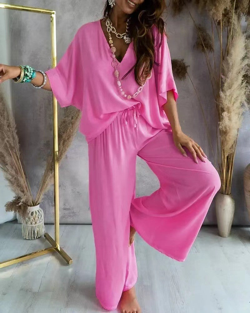 Women's V-Neck Batwing Wide Leg Pants 2-Piece Set