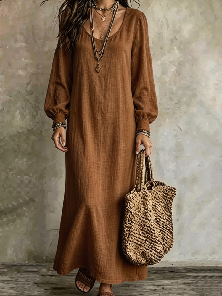 Women's Boho Long Sleeve U-Neck Maxi Dress Loose Solid
