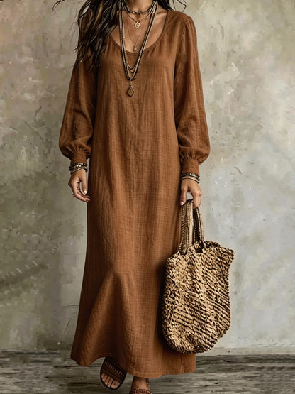 Women's Boho Long Sleeve U-Neck Maxi Dress Loose Solid