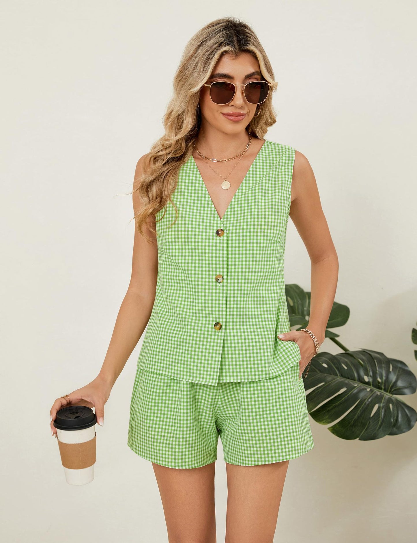 Gingham V Neck Button Vest Shorts Set Summer Outfit
