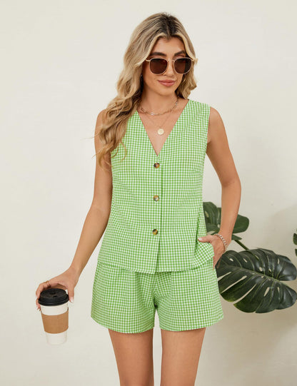 Gingham V Neck Button Vest Shorts Set Summer Outfit