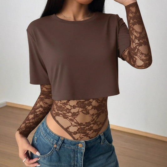 Lace Patchwork Bodysuit Top Women Sexy Crop Tee Shirt