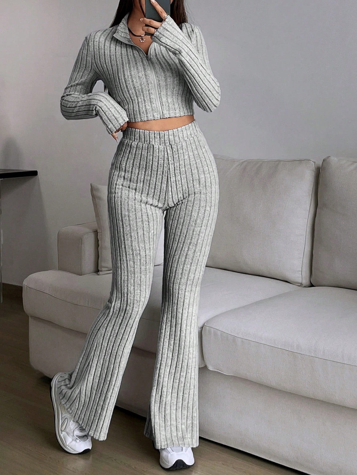 Women's Ribbed Zip Up Crop Top & High Waist Flare Pants Set