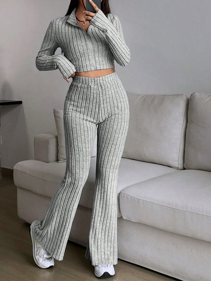 Women's Ribbed Zip Up Crop Top & High Waist Flare Pants Set