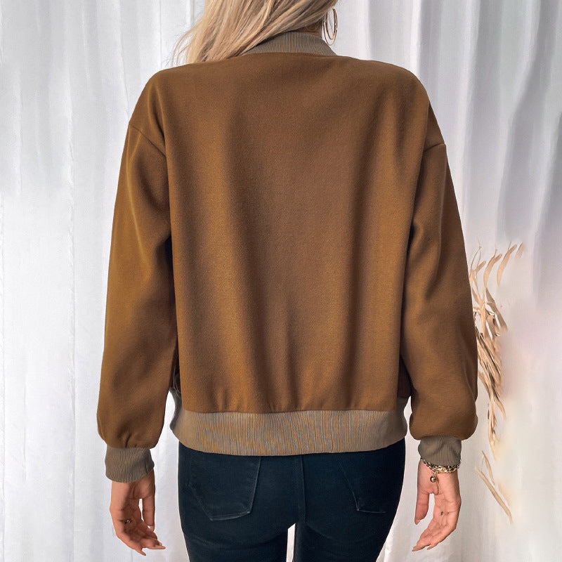 Brown Stand Collar Snap Button Pocket Jacket