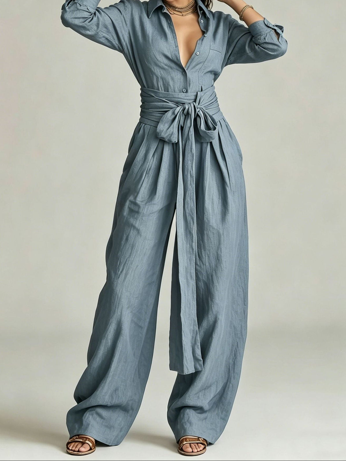Linen Two Piece Set High Waist Wide Leg Pants