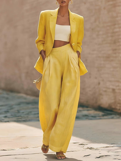 Women's Solid Blazer Wide Leg Pants Two Piece Matching Set
