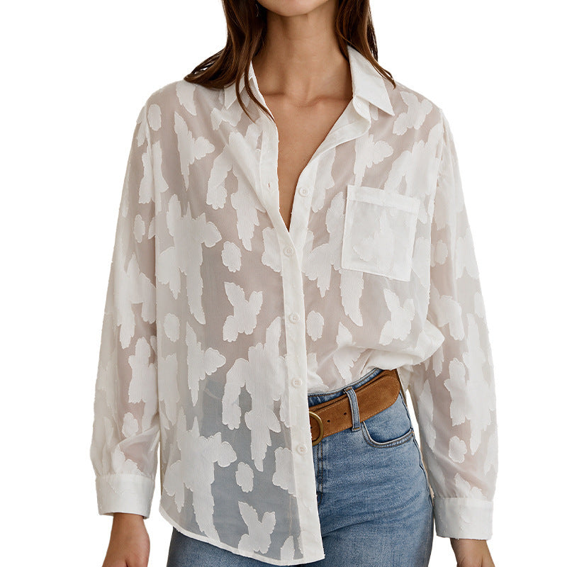 Women's Oversized Sheer Jacquard Button Up Blouse