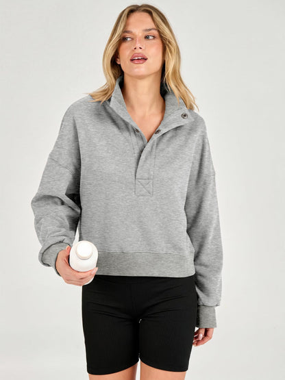 Cropped Henley Sweatshirt Polo Collar Relaxed Fit