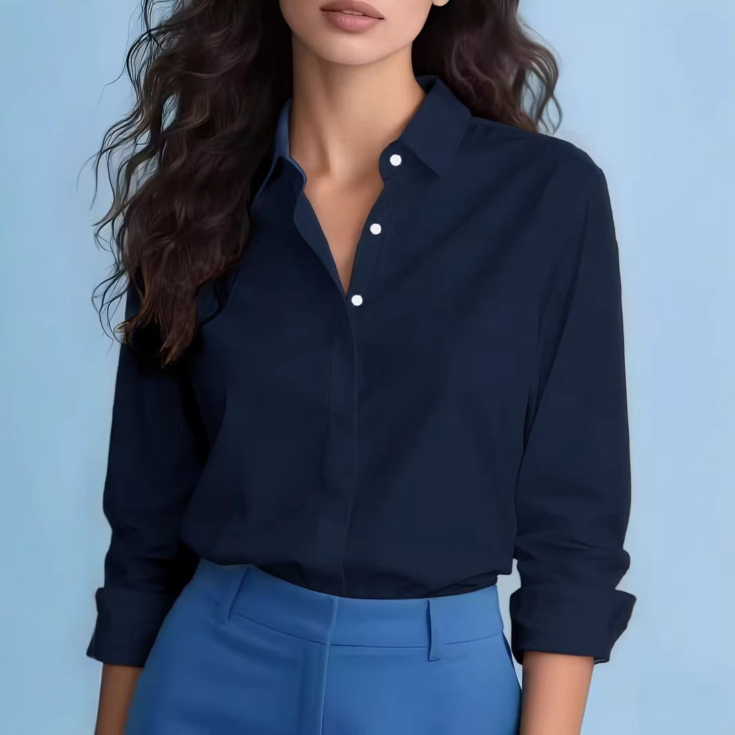 Women's Collared Work Blouse Long Sleeve Hidden Button