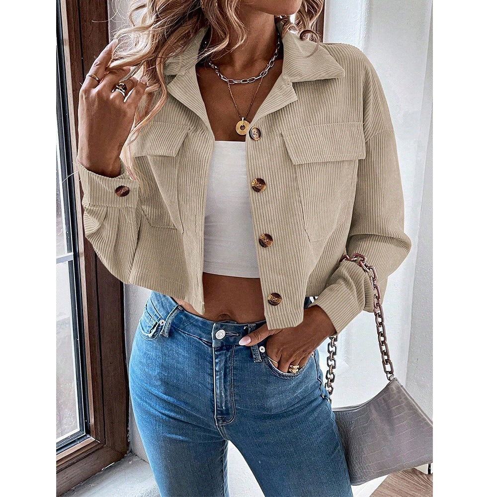 Women's Corduroy Cropped Jacket Button Front Long Sleeve