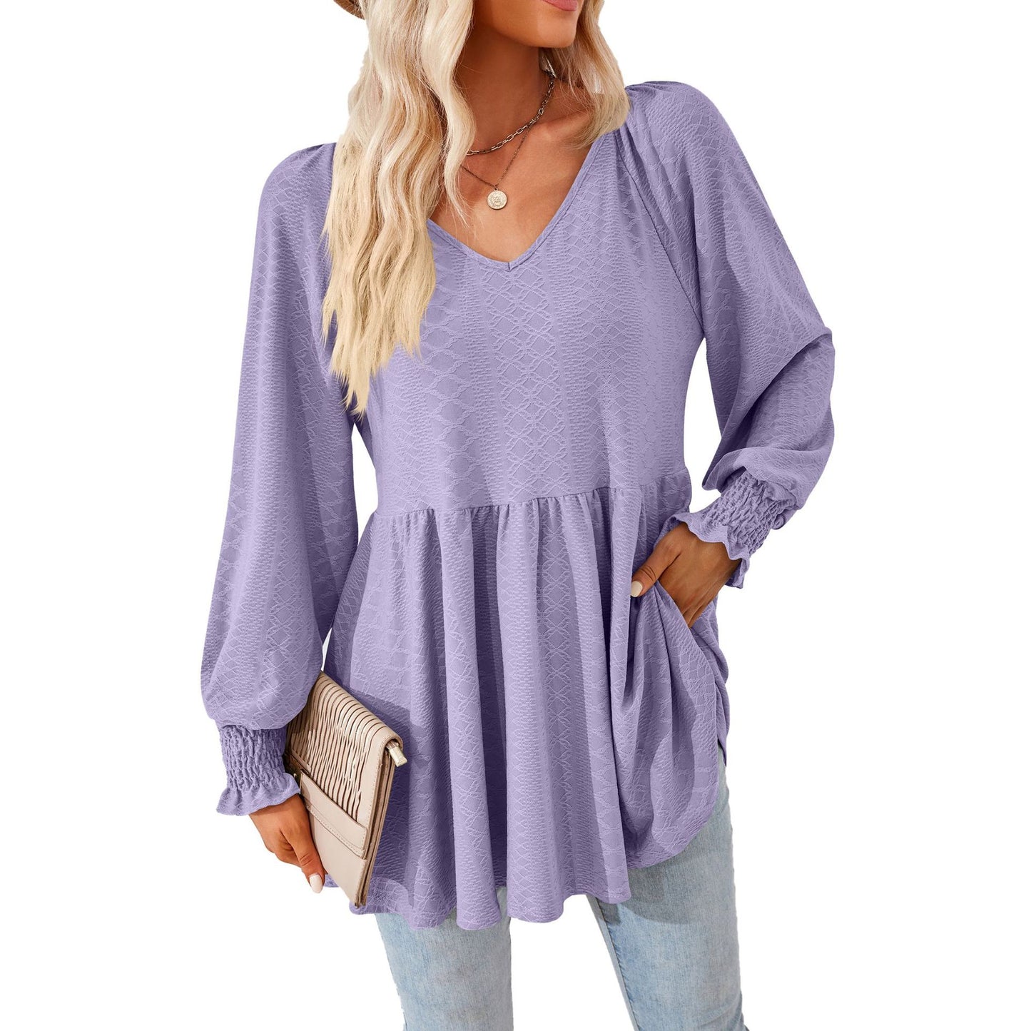 Women's V Neck Long Sleeve Textured Babydoll Tunic Top