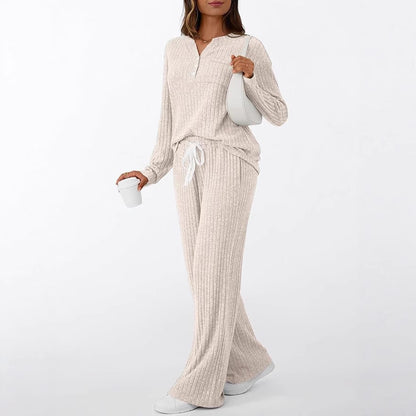 Women's Ribbed Henley Lounge Set Wide Leg Pants 2Pc