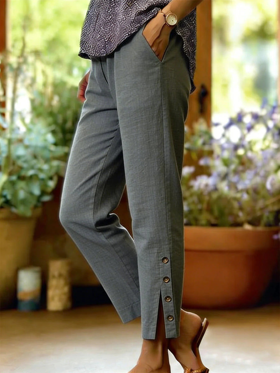 Women's Side Button Straight Leg Ankle Pants