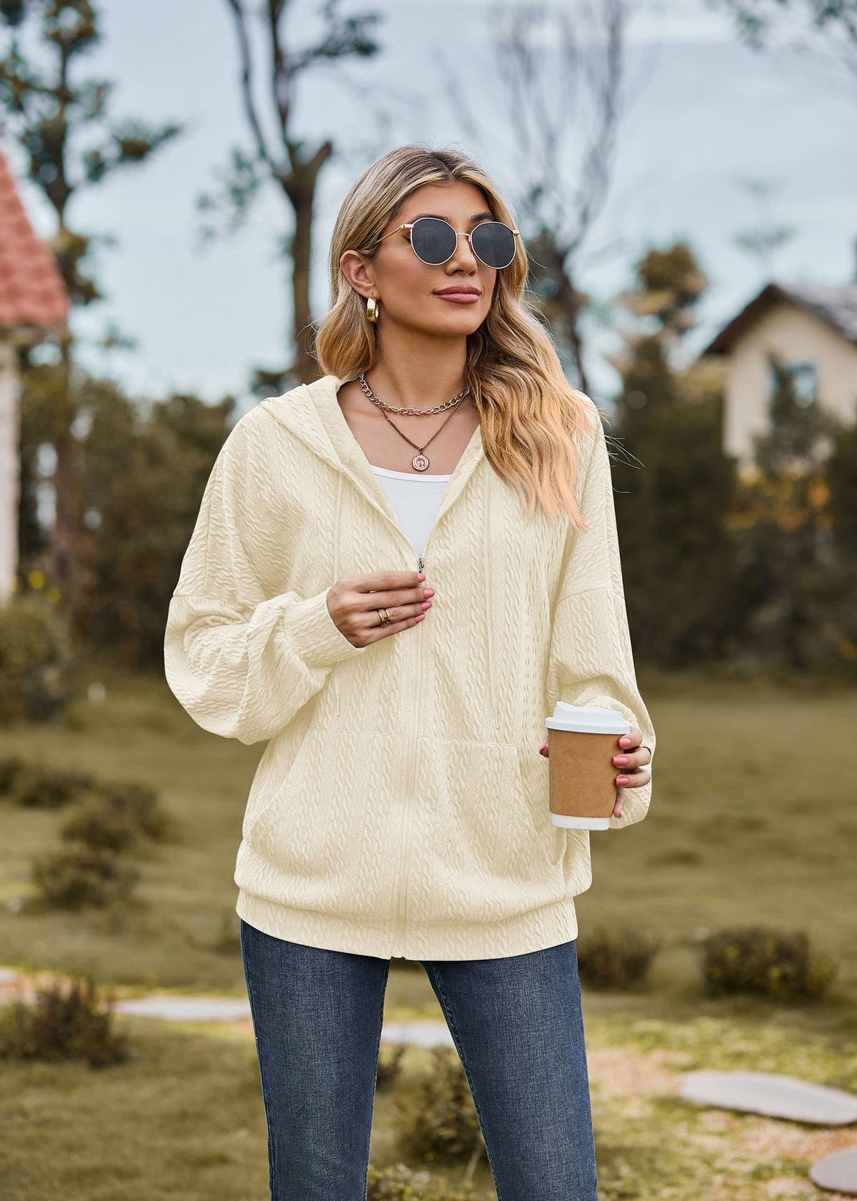 Oversized Textured Zip-Up Hoodie Jacket Pockets