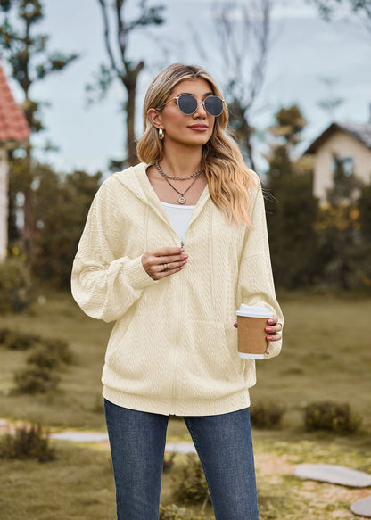 Oversized Textured Zip-Up Hoodie Jacket Pockets