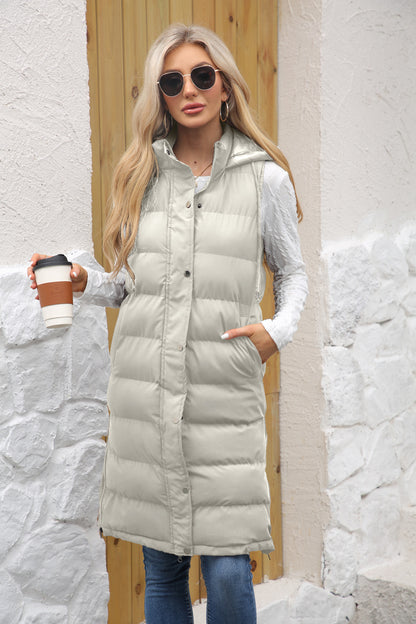 Women's Long Hooded Sleeveless Quilted Puffer Vest