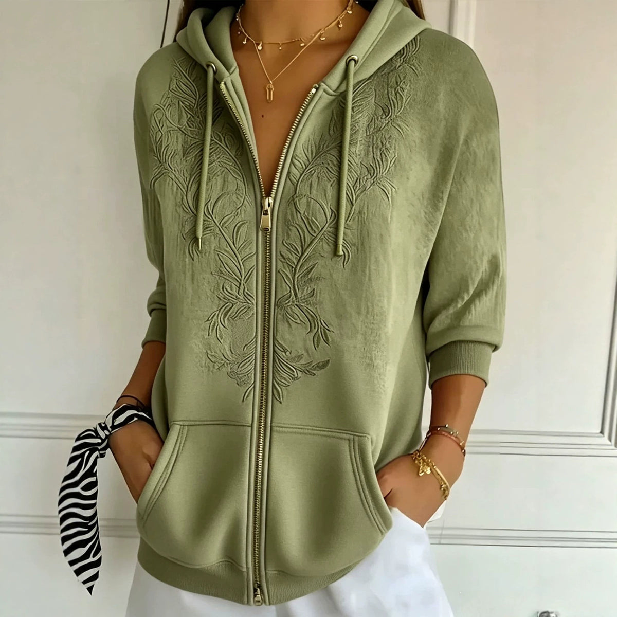 Women's Floral Embroidered Zip Up Hoodie Vintage Casual