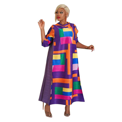 Women's Geometric Pleated Maxi Dress 3/4 Sleeve Colorful