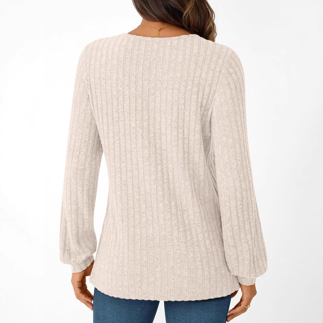 Textured Rib Knit V-Neck Pullover Long Sleeve Top