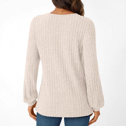 Textured Rib Knit V-Neck Pullover Long Sleeve Top